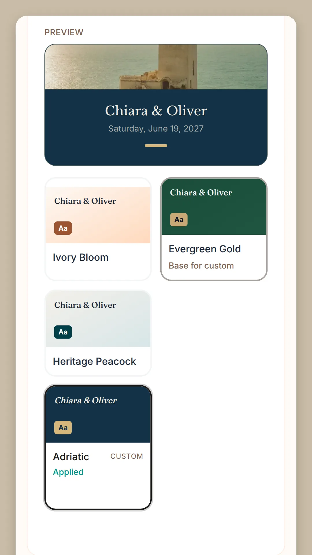 Phone screen: a navy preview of the card for Chiara & Oliver, the presets Ivory Bloom, Evergreen Gold and Heritage Peacock, and the couple's own theme, Adriatic, applied.