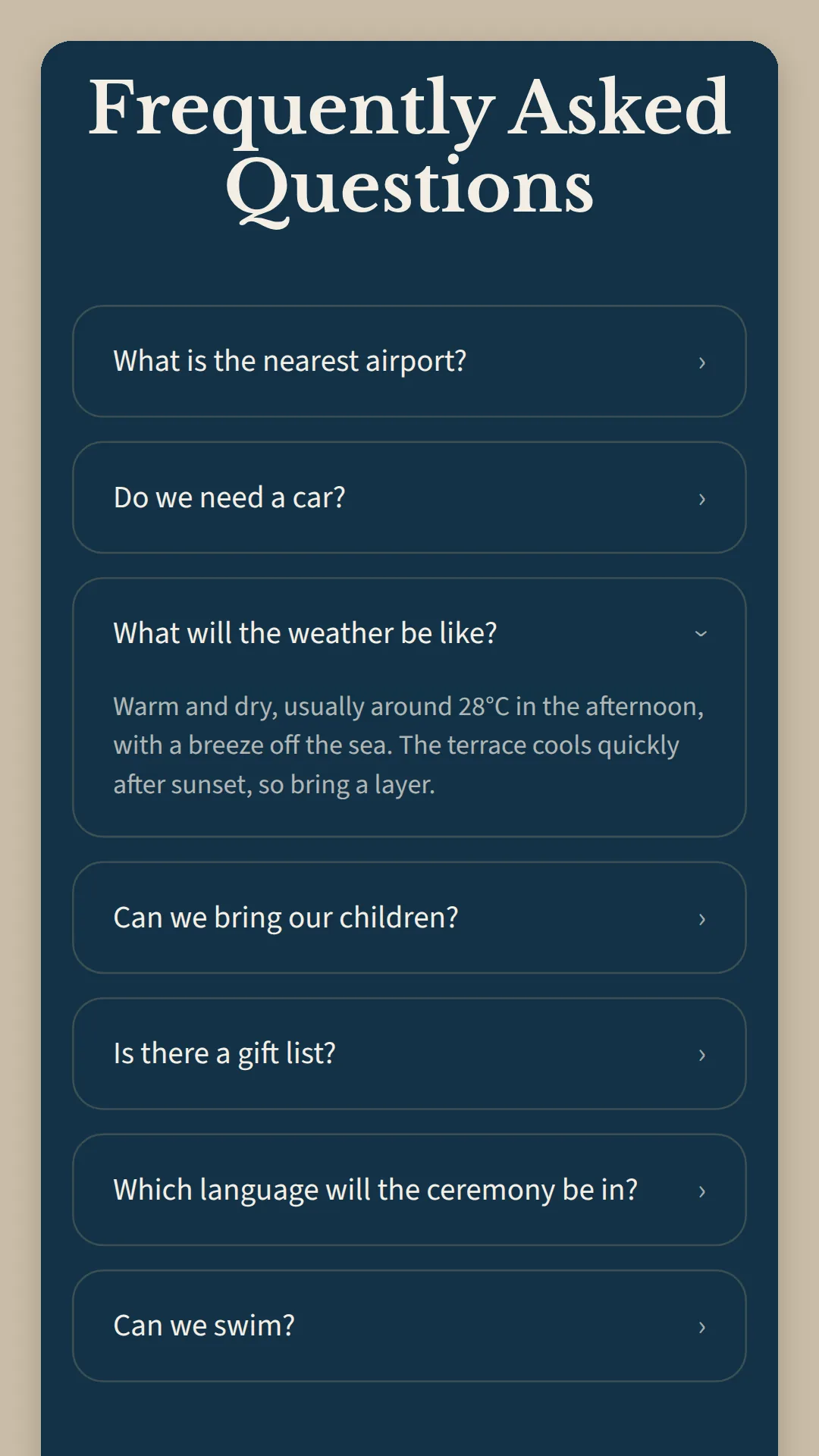 Phone screen on navy: Frequently Asked Questions, from the nearest airport to whether guests can swim, with the one about the weather open.