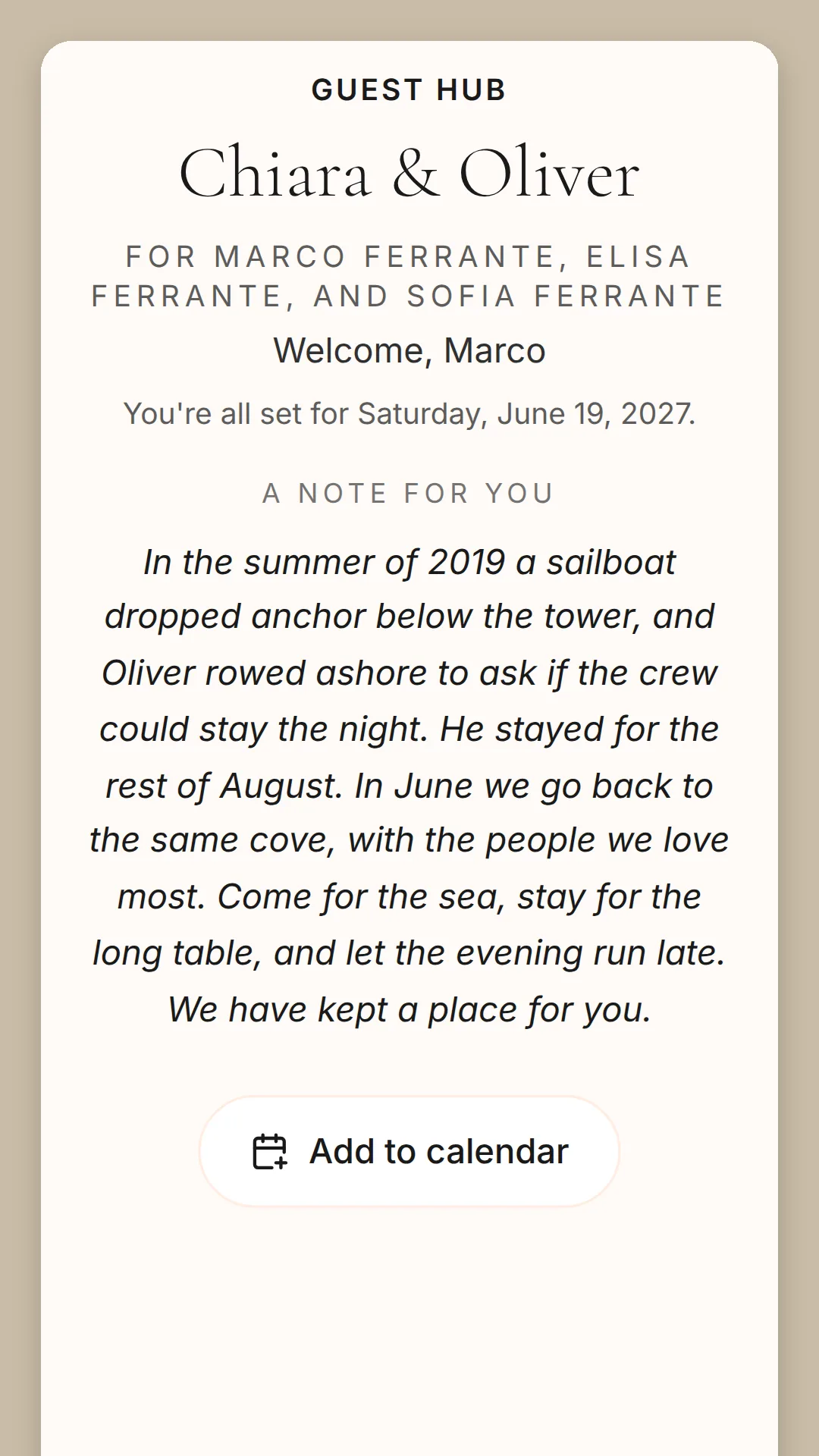 Phone screen: the guest hub for Marco, Elisa and Sofia Ferrante, Welcome, Marco, and the couple's welcome note in italics.