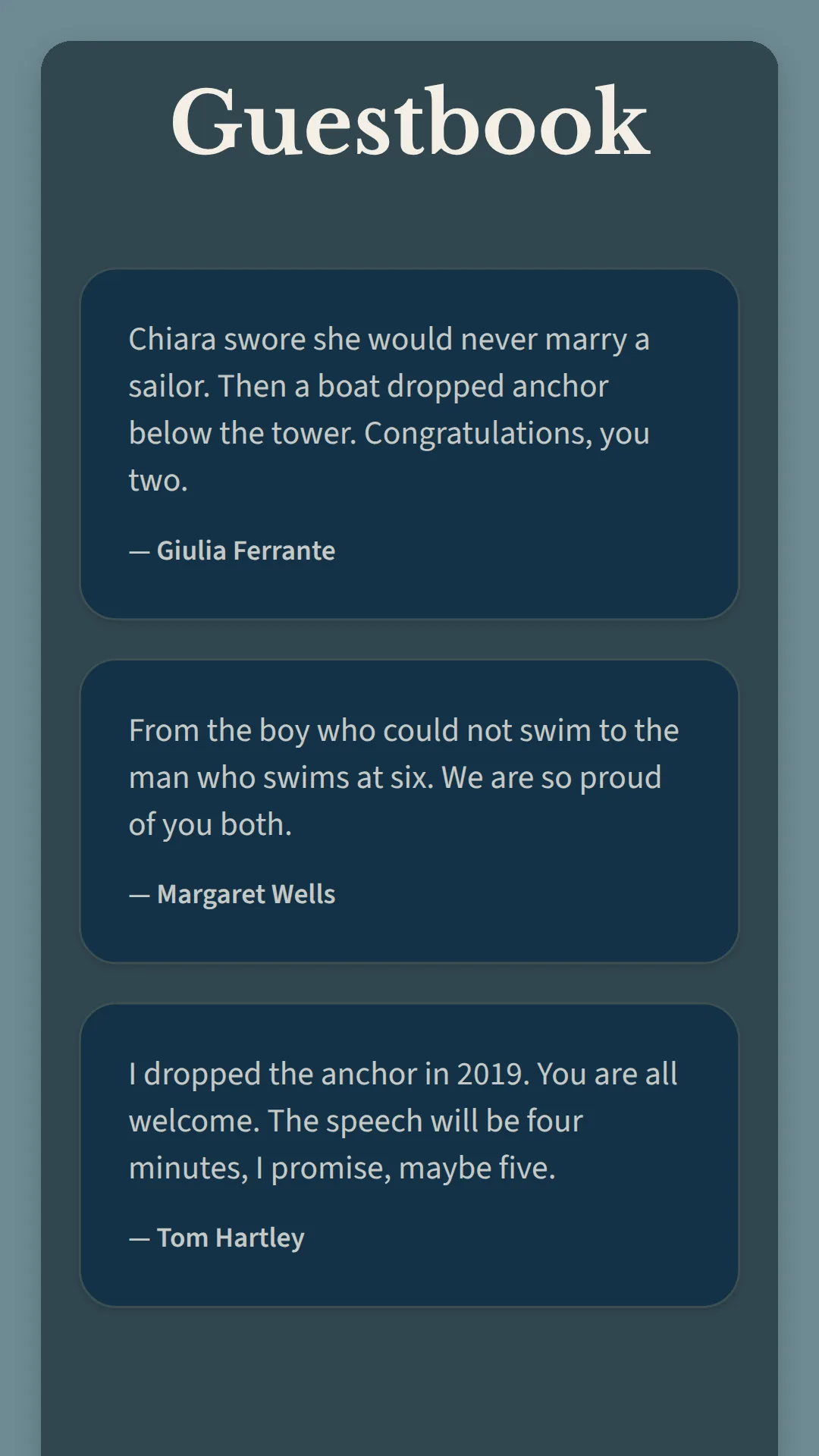 Phone screen on navy: Guestbook with three signed messages, from Giulia Ferrante, Margaret Wells and Tom Hartley.