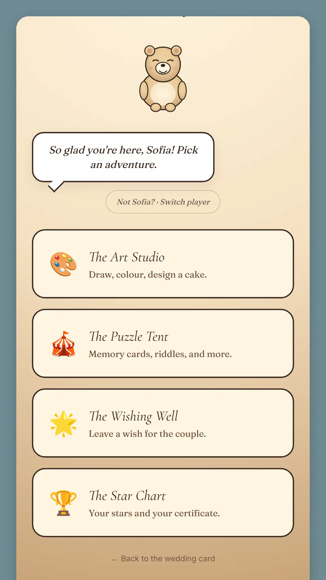 Phone screen: a teddy bear, a speech bubble welcoming Sofia, and the cards The Art Studio, The Puzzle Tent, The Wishing Well and The Star Chart.