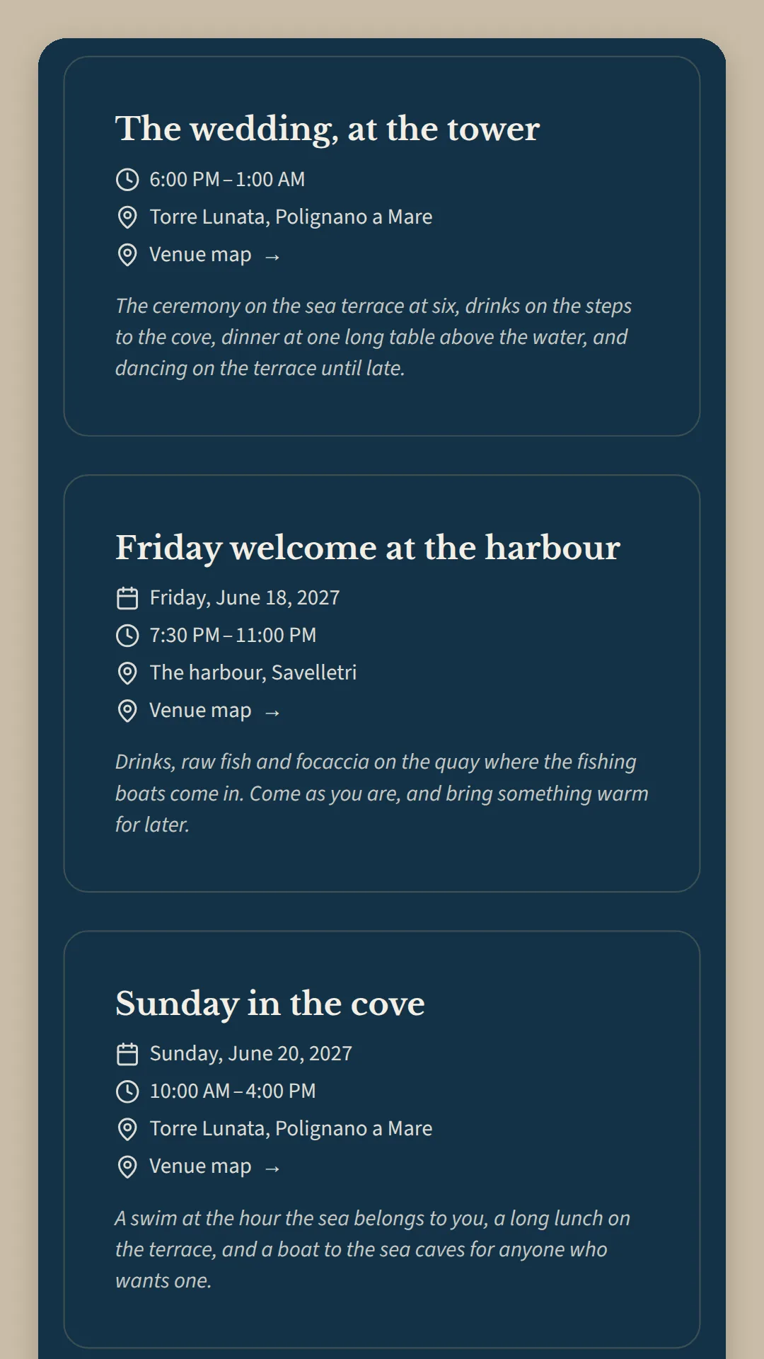 Phone screen on navy: The wedding, at the tower, then Friday welcome at the harbour and Sunday in the cove, each with its time, place, a map link and a note.