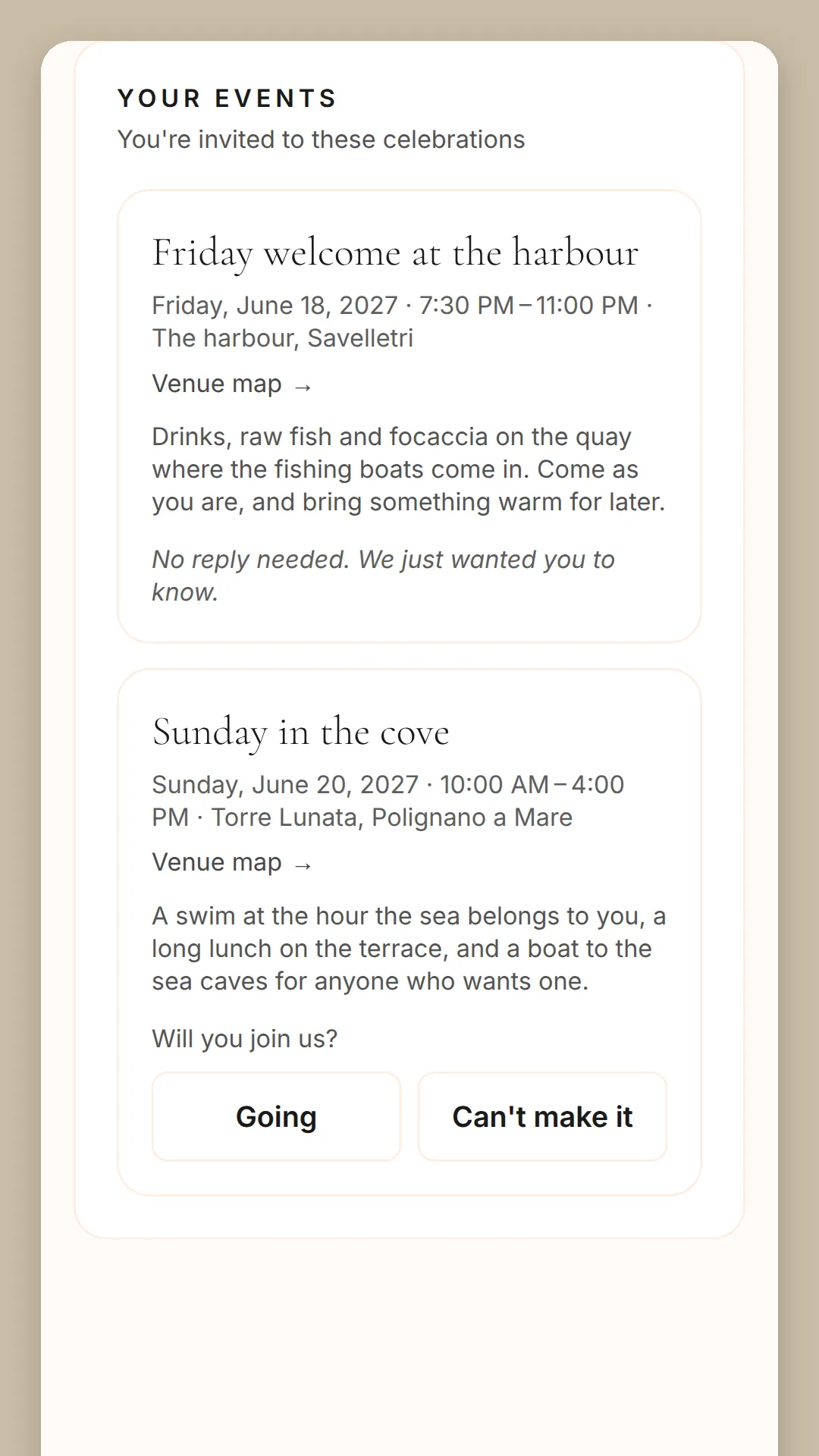 Phone screen: Your events, Friday welcome at the harbour with No reply needed, then Sunday in the cove asking Will you join us, with Going and Can't make it.