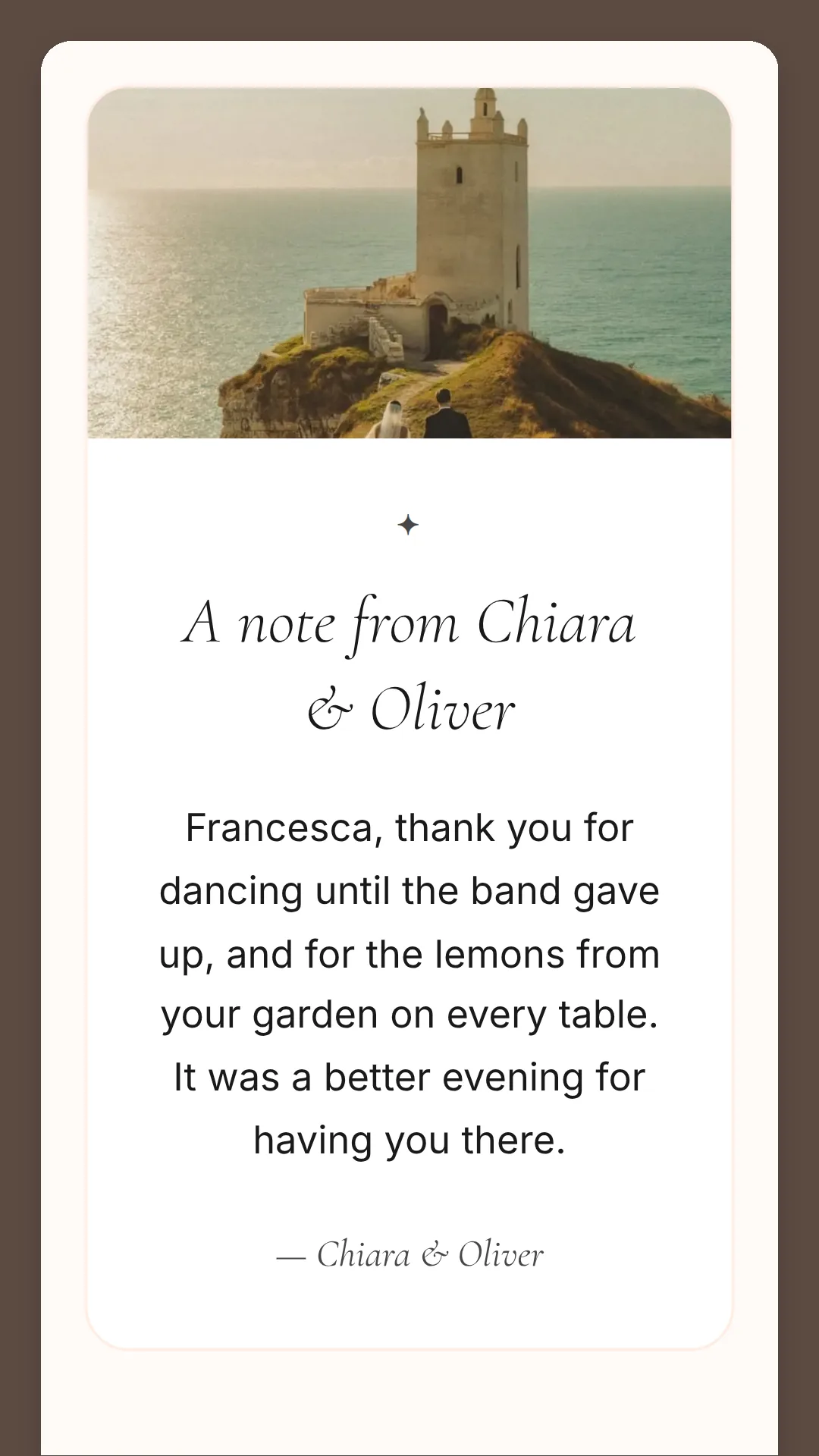 Phone screen: a thank-you card with a photo of a white tower above the sea, A note from Chiara & Oliver, and a message to Francesca.
