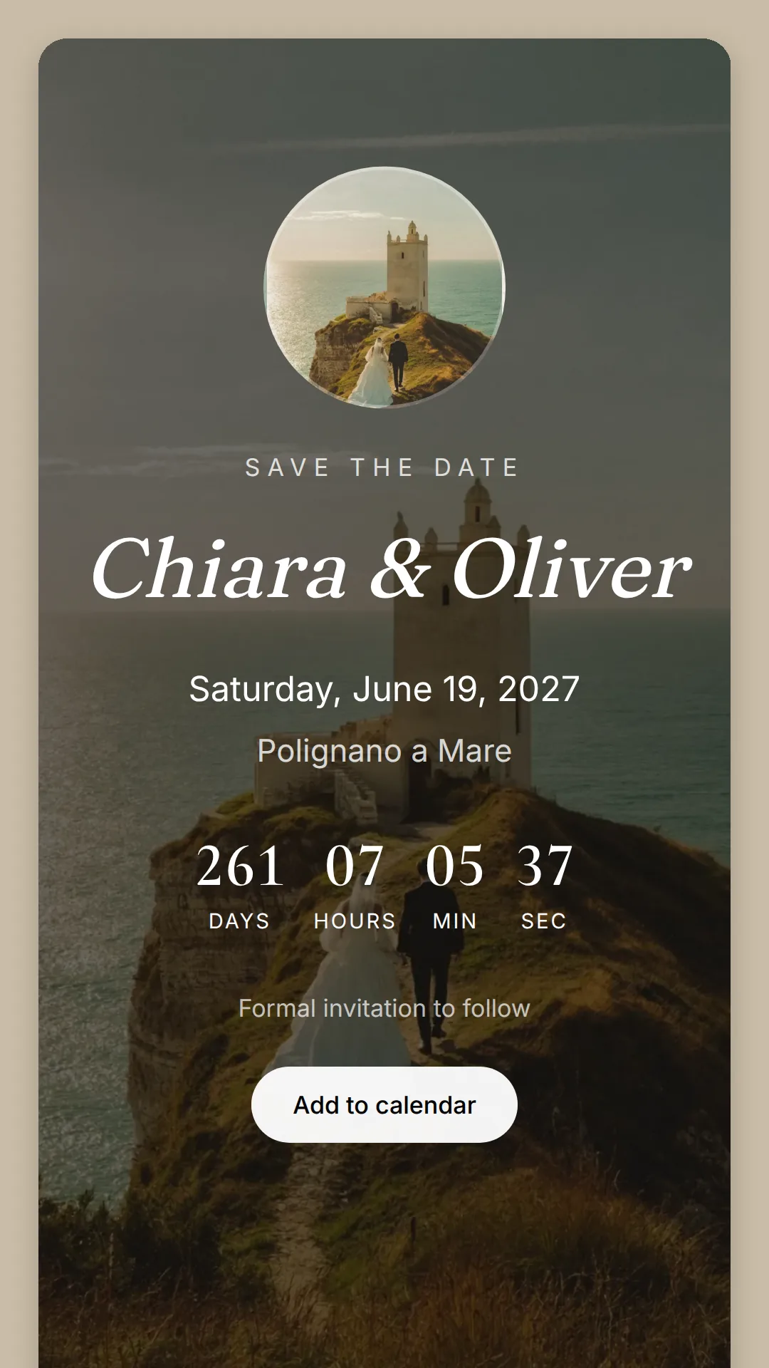 Phone screen: a round photo of a tower above the sea, Save the date, Chiara & Oliver, Saturday, June 19, 2027, Polignano a Mare, a countdown and an Add to calendar button.