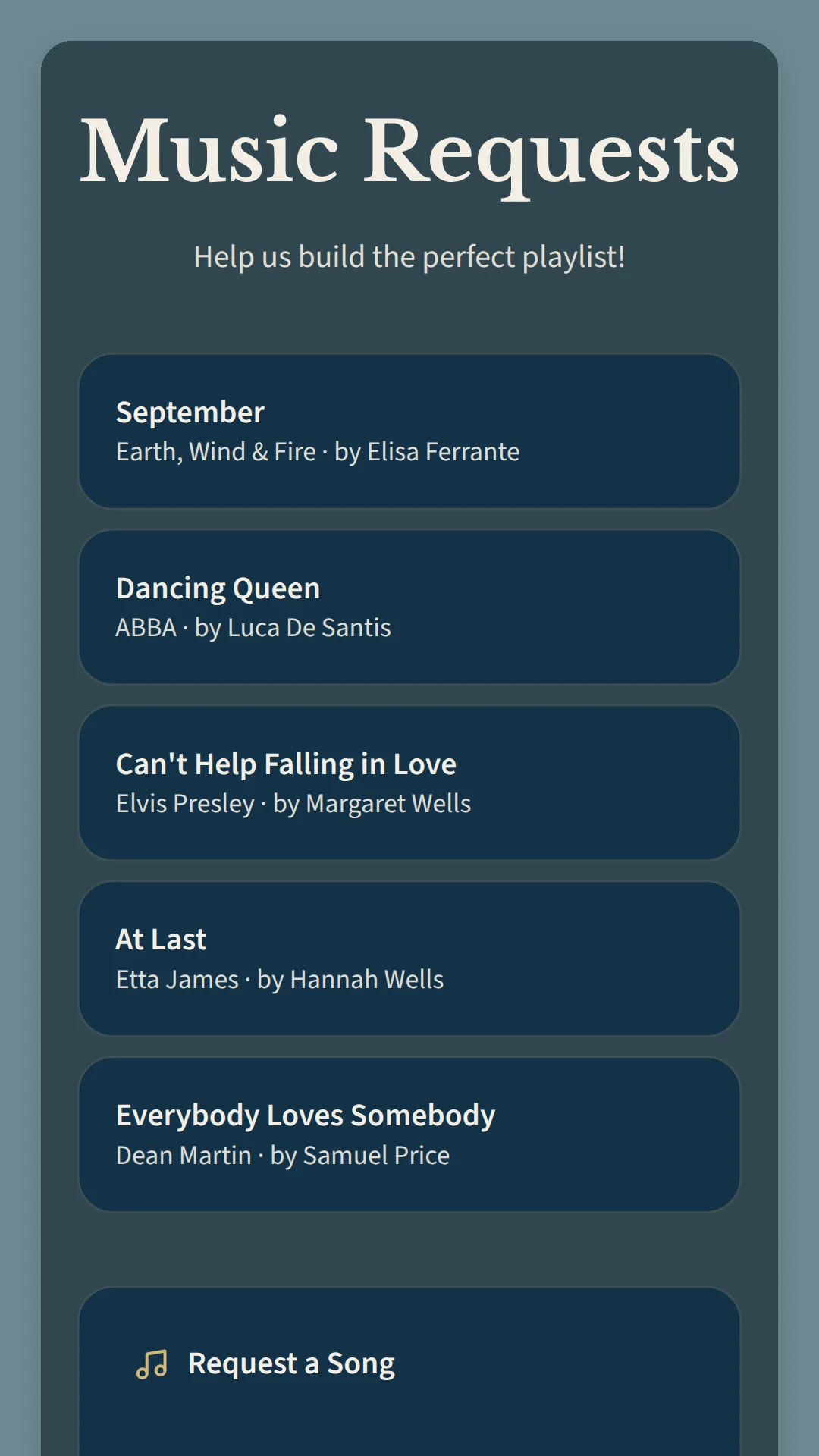 Phone screen on navy: Music Requests, with September, Dancing Queen, Can't Help Falling in Love, At Last and Everybody Loves Somebody, each with the guest who asked.