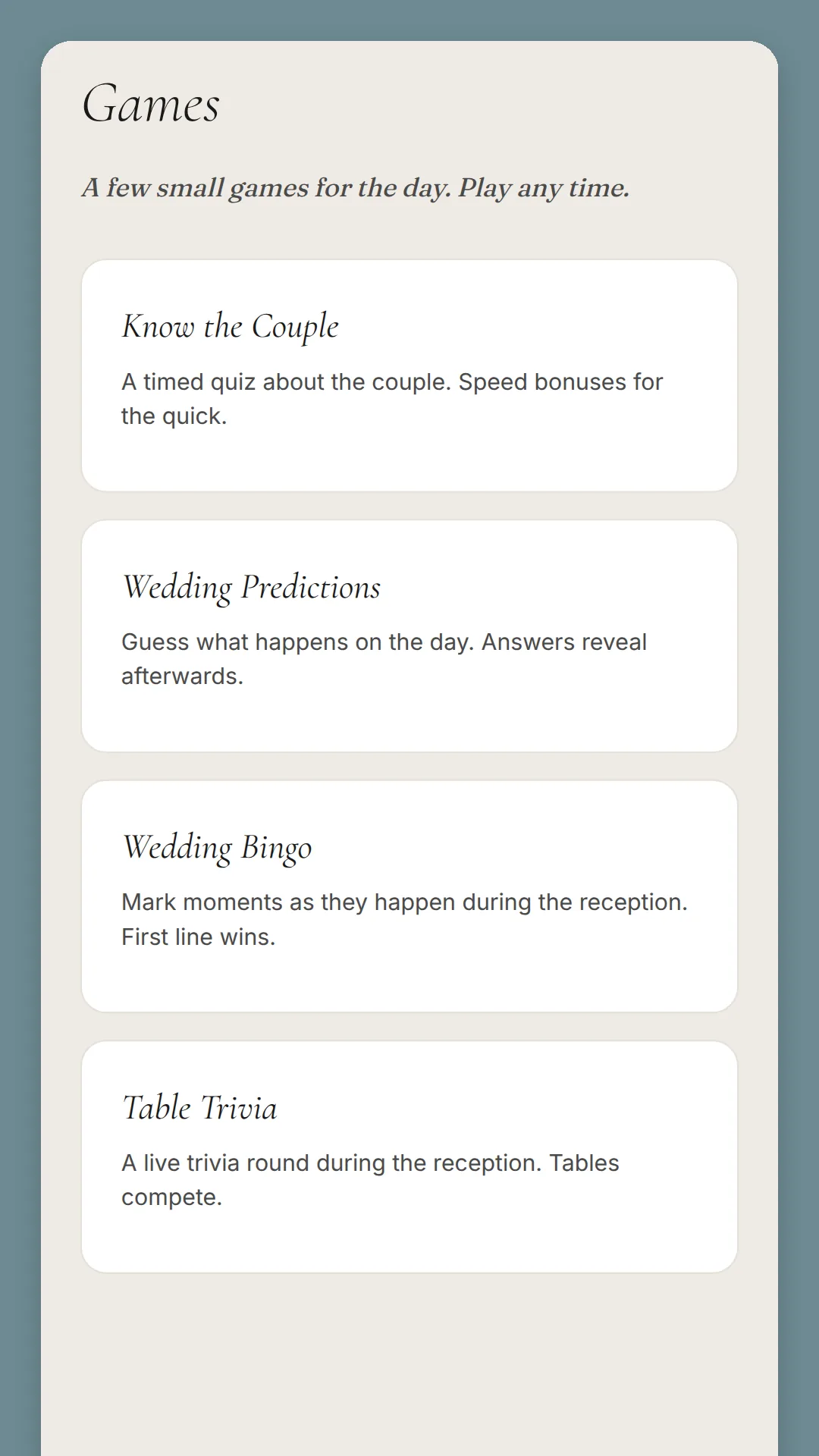 Phone screen: Games, with the cards Know the Couple, Wedding Predictions, Wedding Bingo and Table Trivia.