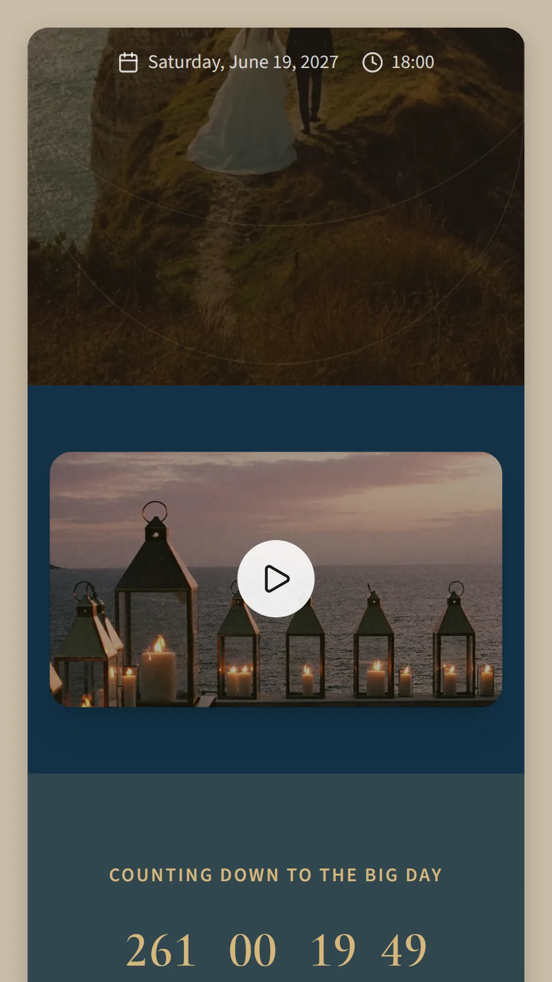 Phone screen: the card's photo with Saturday, June 19, 2027, then on navy a video of candle lanterns by the sea at dusk, with a white play button, and the countdown below.